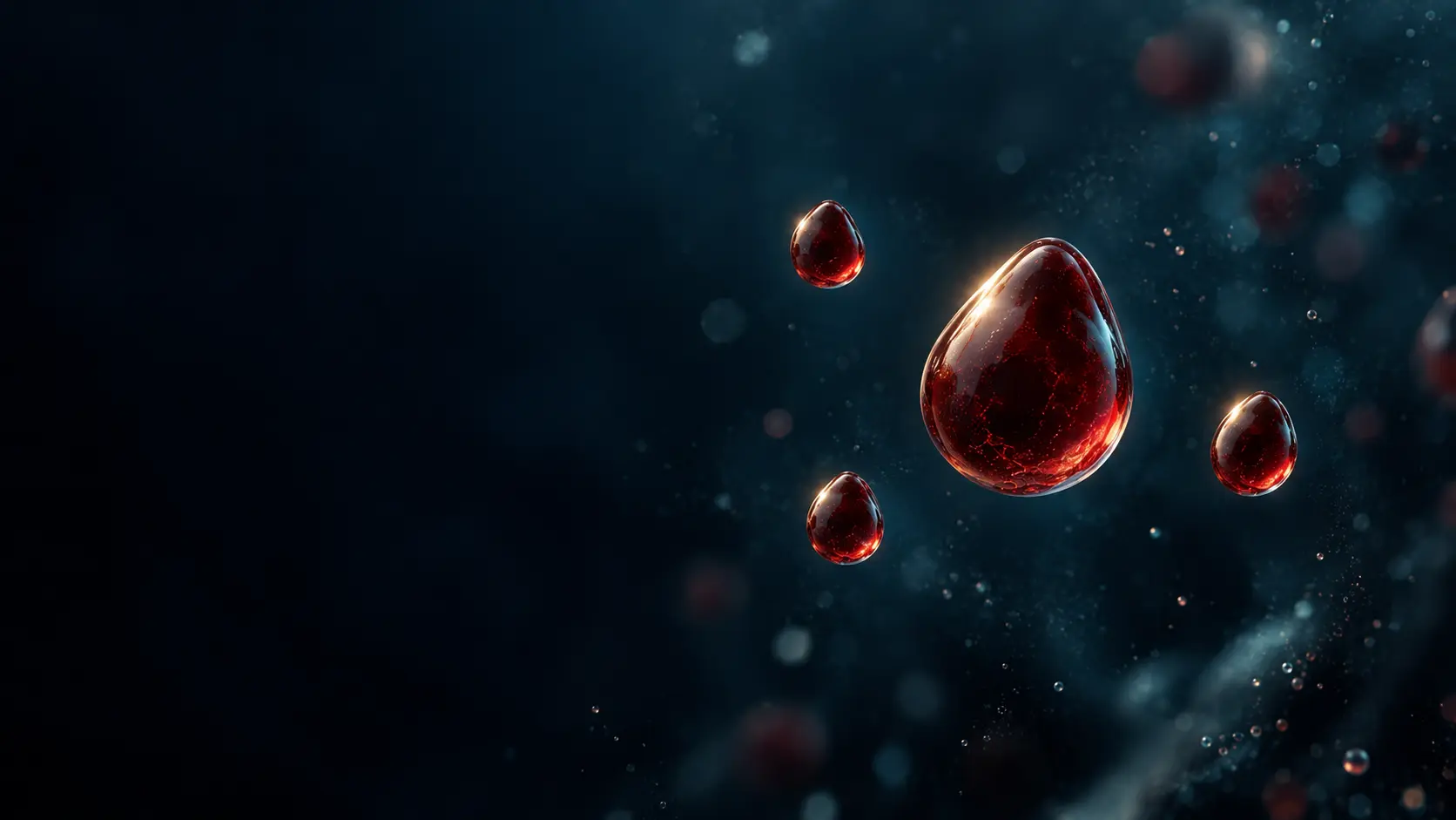 Quatre gouttes de sang suspendues dans un environnement microscopique sombre